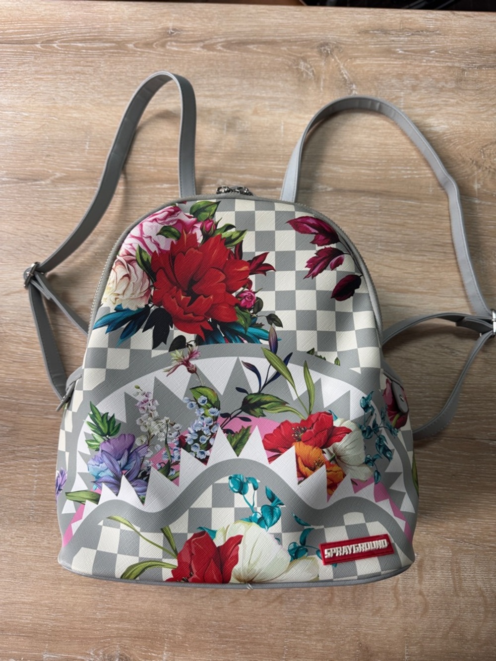 Floral Print Checkered Mini Backpack - Gray with Red & Multicolor Flowers